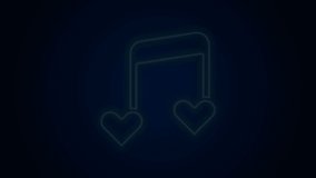 Glowing neon line Music note, tone with hearts icon isolated on black background. Valentines day. 4K Video motion graphic animation.