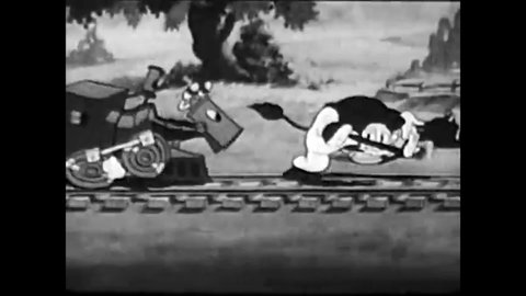 CIRCA 1937 - A farmer and his dairy cow think they are saved when a rogue cow robot crashes into a train, but instead it becomes a cow train.