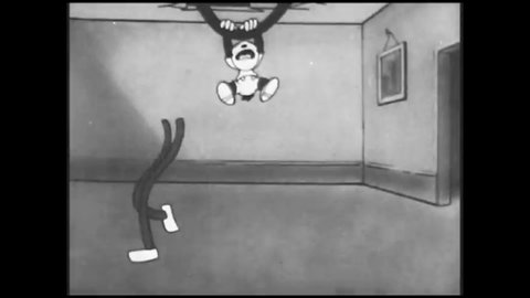 CIRCA 1933 - Oswald the Lucky Rabbit tries to stop a leak in the house but his friend gives him a ladder to stand on with soap on the bottom.