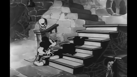 CIRCA 1933 - In this animated film, skeletons spook Mickey Mouse in a haunted house.