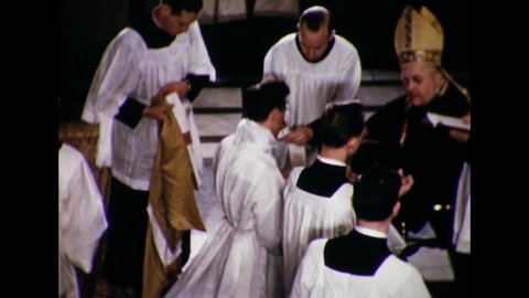 CIRCA 1954 - An ordination ceremony begins for Seminary students at Kenrick Seminary in St. Louis, Missouri.