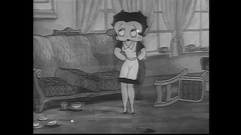CIRCA 1937 - In this animated film, Betty Boop sings while she cleans up but only succeeds in creating a bigger mess.