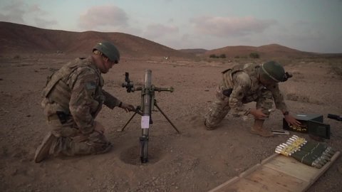 CIRCA 2021 - U.S. Army Indirect Fire Infantryment East Africa Response Force live fire mortar military training exercise, Djibouti.