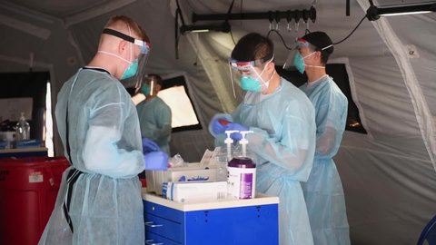 CIRCA 2021 - U.S. Air Force 559th Medical Group airmen COVID-19 pandemic vaccine training, Joint Base San Antonio Lackland.