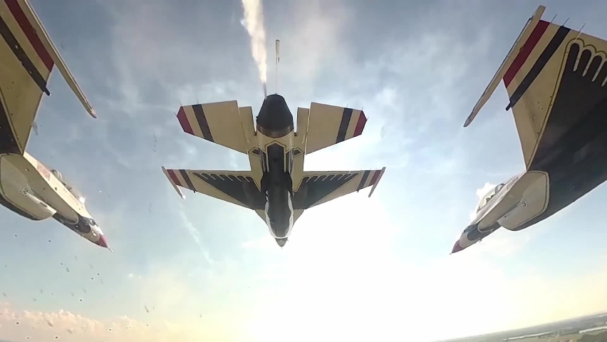 CIRCA 2020 - U.S. Air Force Thunderbird fighter jet aerial acrobatic team cockpit footage, ground crew, air show, formation flying.