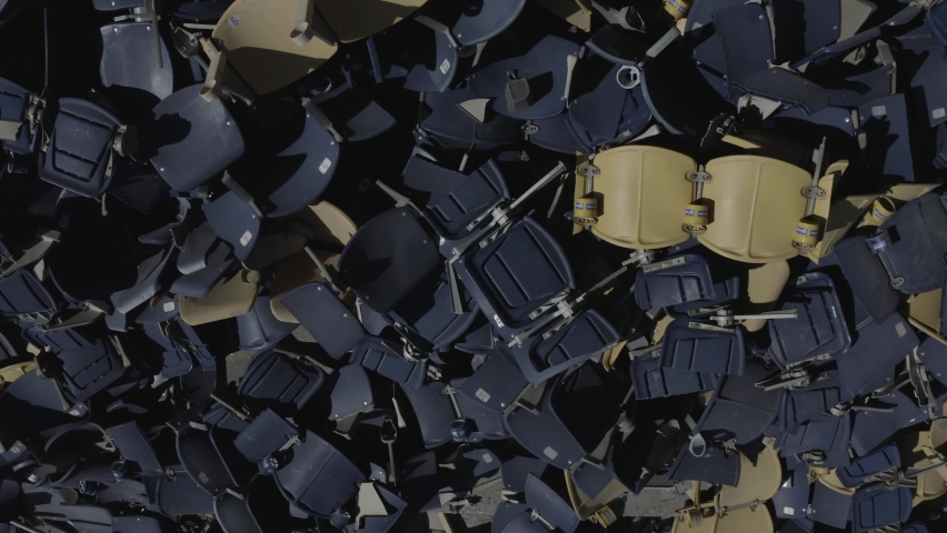 SAN DIEGO, CALIFORNIA - CIRCA 2020 - Aerial shot of construction crews tearing down Qualcomm Stadium destruction San Diego Chargers football field.