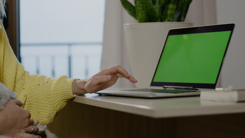 Businesswoman using laptop computer and sitting at table with dog in apartment room rbbro.