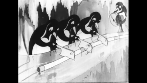 CIRCA 1935 - In this animated film, penguins inspect the goods at a tobacco factory and cut products into cigarettes.