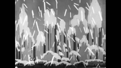 CIRCA 1935 - In this animated film, flying penguins drop cigarettes over a city like snowfall.
