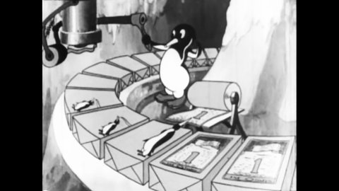 CIRCA 1935 - In this animated film, penguins package Kool cigarettes at a factory.
