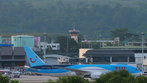 PHUKET, THAILAND - DECEMBER 1, 2018: TUI fly Boeing 787 Dreamliner taxiing after landing at Phuket International airport
