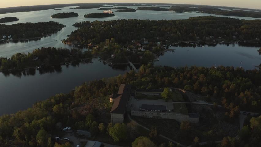 Drone view over Vaxholm kastell in sunset, Stockholm archipelago. High quality 4k footage