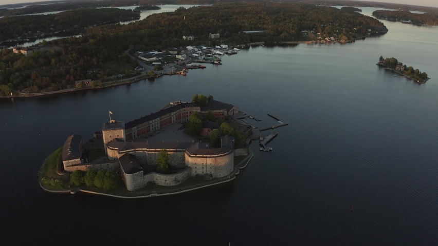 Drone view over Vaxholm kastell in sunset, Stockholm archipelago. High quality 4k footage