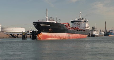 Oil Tanker ship docked in the oil terminal in the port of Rotterdam