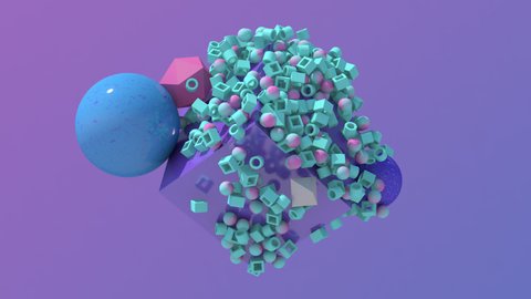 Colorful shapes flying. Textured cube morphing. Abstract animation, 3d render.