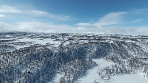 Scenic Aerial video - fly over frozen snowy mountains, birch forest, valleys. Sunny day, few clouds. Subarctic landscape of Lapland, Northern Scandinavia. FPV, first person view footage