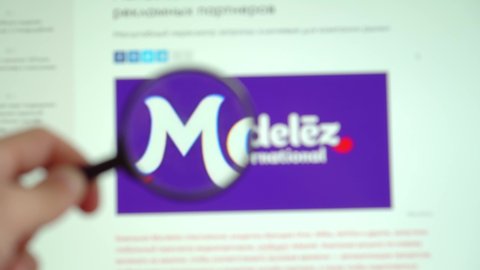 MOGILEV, BELARUS-APRIL 10, 2021: Illustrative Editorial, Mondelez International website homepage. Mondelez International logo visible on display screen