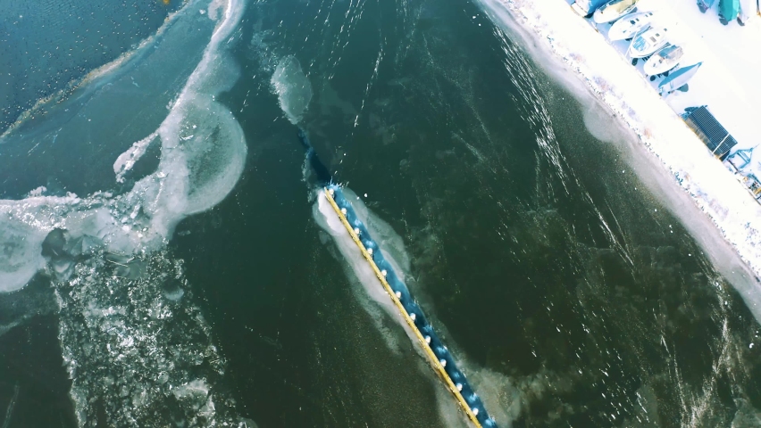 Aerial View of Frozen Wolderwijd and Aquaduct Veluwemeer in Harderwijk, Netherland