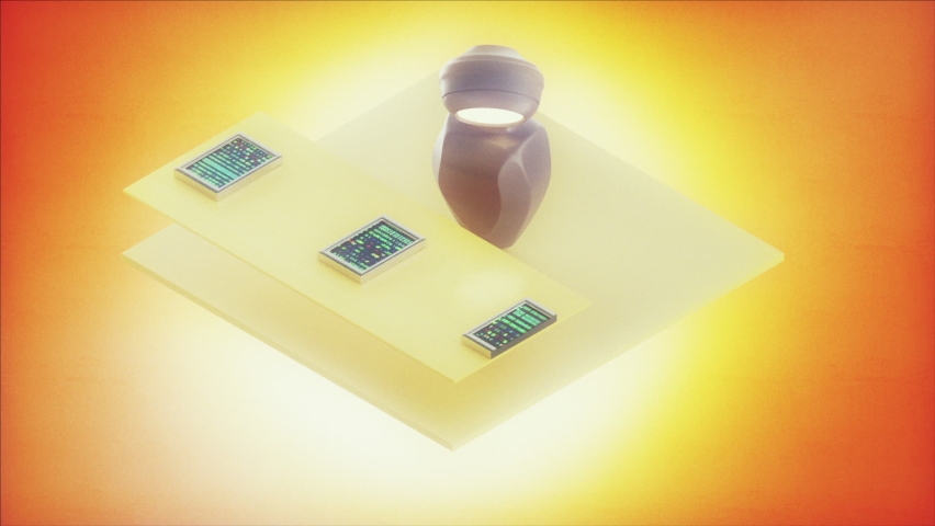 Isometric 3D Robot Render Closeup. Ai Data processing. Artificial intelligence working for big data analysis. Automated Moderation concept. Glow effect. - Powered by Shutterstock - Get 15% off with code: PIKWIZARD15