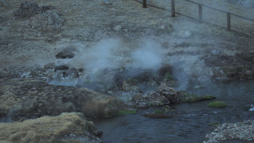 Hot Steam Rising from Hot Spring at Water Stream, Hot Creek Geological Site, High Angle
