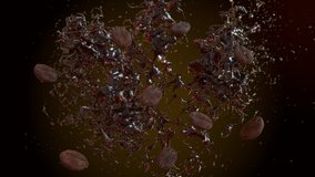 Coffee water with coffee beans explodes slowly. High definition. Alpha channel included in the end of the clip. 3d illustration 