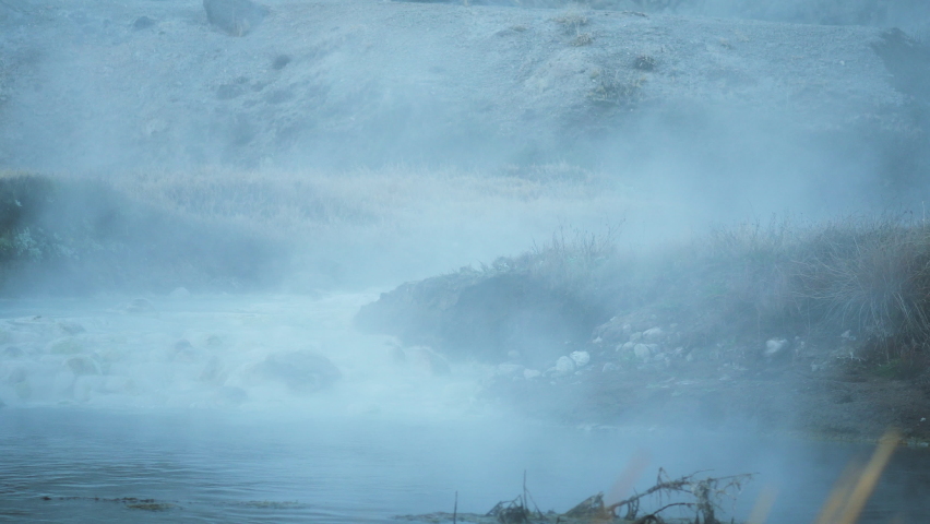 Hot Steam Rising from Famous Hot Spring, Hot Creek Geological Site, Inyo National Forest, Low Angle