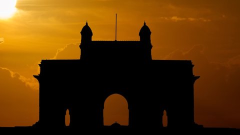 Gateway of India Skyline, Time Lapse at Sunset with Red Clouds and Fiery Sky, Mumbai, India