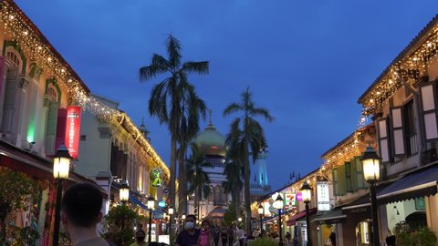 Singapore - April 2021: Street view of Arab street at night, Kampong Glam, Singapore