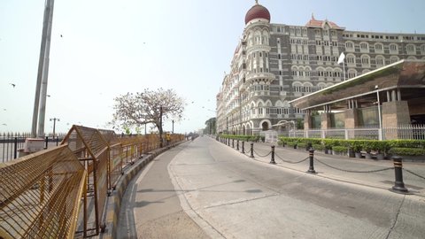 Mumbai, Maharashtra, India - 04 12 2021 Empty Roads near Taj Mahal Palace Hotel In Mumbai During Lock Down Due to Corona Virus Covid - 19