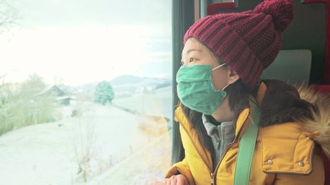train traveling in times of covid19 - young happy and beautiful Asian Korean woman in face mask looking snow landscape through railcar window during winter getaway