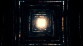 Retro Abstract glowing VJ tunnel video for edm music animation. Flight sci-fi tunnel seamless loop. VJ motion graphics for music video for club concert, high tech background. 80s hyperspace concept