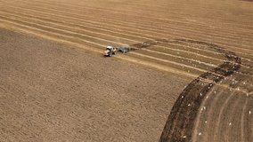 farm tractor stubble cultivation and mulching preparation aerial video