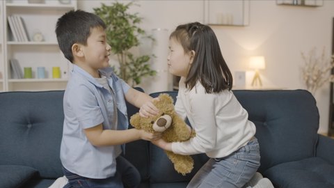 Chinese little boy and girl fighting over toy, siblings relationship, greed