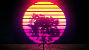 Tree shadow against large moon above sea, synthwave music video background