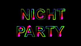 Dance party in 80s style. Party text with sound waves effect. Glowing neon lights. Retrowave and synthwave style. Intro text. Vj animation for night clubs, LED screens and projectors, music videos. 4k