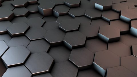 Animation of abstract hexagons with infographic elements. Metal reflective surface in warm cold lighting. 4k video