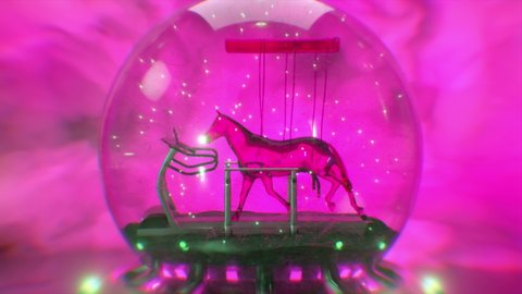 Abstract fantastic fluid horse trains on a treadmill in a snowball. Unrealistic concept of surrealism and sports. 3d animation of seamless loop