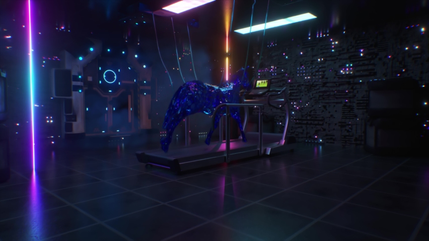 Abstract fantastic fluid horse trains on a treadmill in a technology room. Unrealistic concept of surrealism and sports. Royalty-Free Stock Footage #1071520207