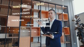 The financial sphere of the future. Male financier interacting with holographic display. The financier chooses exchange rates against the European currency. - Powered by Shutterstock - Get 15% off with code: PIKWIZARD15