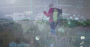 Animation of network of connections and world map over senior caucasian couple hiking in countryside. global connections, active outdoor retirement lifestyle concept digitally generated video.