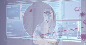 Animation of screen with covid 19 cell, statistics and data processing over scientist in ppe suit. global coronavirus pandemic, medicine and research concept digitally generated video.