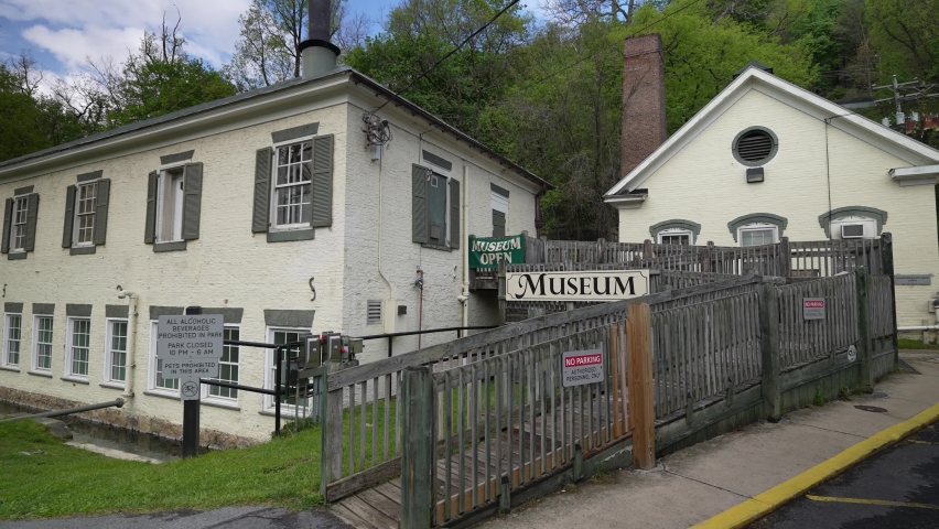 Push in to Berkeley Springs State Park historic museum and bath house in West Virginia in the Appalachia mountains.