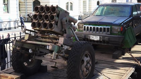 SAINT-PETERSBURG, RUSSIA - SUMMER, 2019: Rapid-fire gun of Islamic militants. Shot in 4K (ultra-high definition (UHD)).
