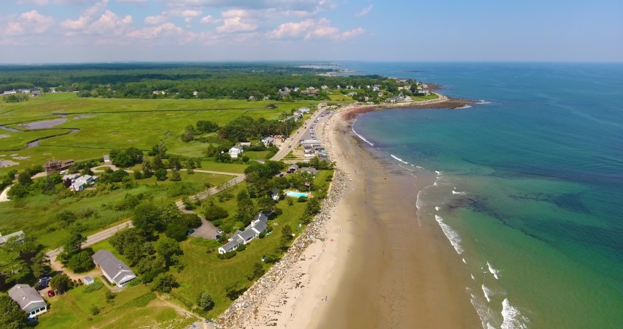 Aerial view of sandy coast of North Hampton in North Hampton State Park with Little Boar's Head Historic District at the background, North Hampton, New Hampshire NH, USA. 
