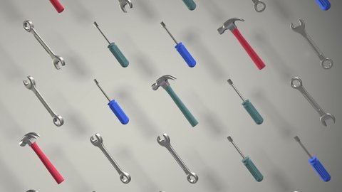 The tool kit includes a hammer wrench screwdriver. The pattern. Rotation. Realistic animation. Shop, Maintenance, Repair. Show loop