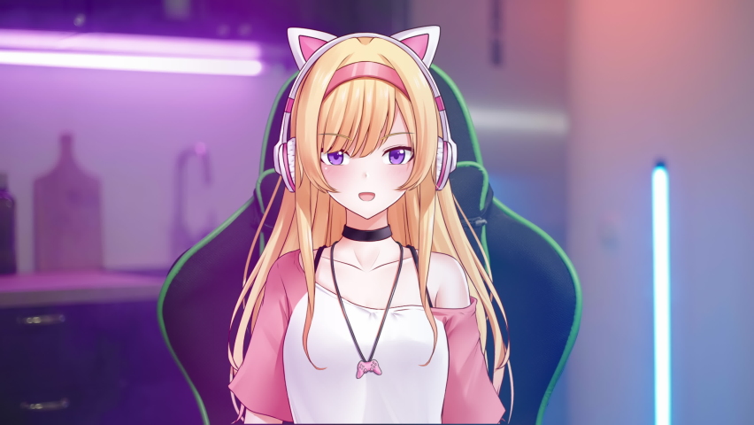 Cute anime girl virtual streamer on gaming chair with neon lights kitchen in background 4K | Shutterstock HD Video #1071557398