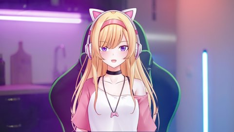 Cute anime girl virtual streamer on gaming chair with neon lights kitchen in background 4K