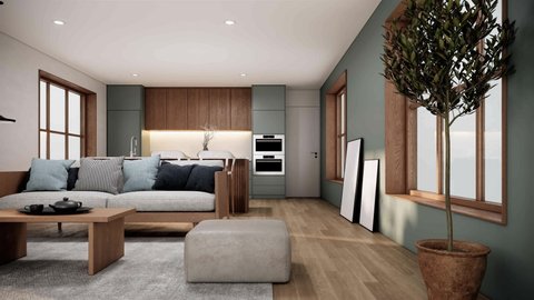 Japandi modern scandinavian studio apartment room interior design in 4K 3d rendering living room and dining room animation scene.