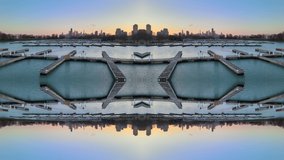 The beautiful Diversey Harbor at sunset in Chicago, IL mirrored on both X and Y-axis for maximum symmetry. 