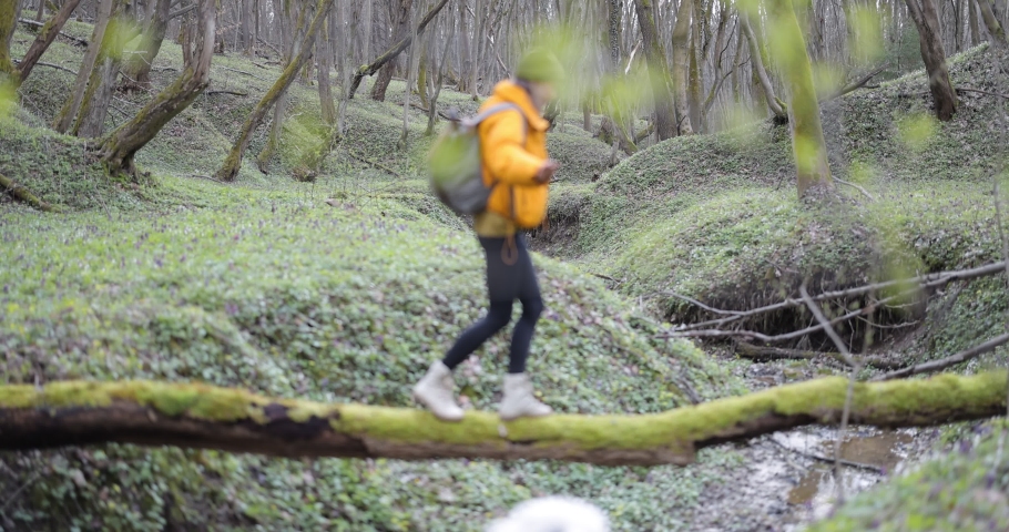 Woman hikes in the spring forest, walking on the fallen tree across a river. Enjoying tranquility and beauty of nature. Travel alone